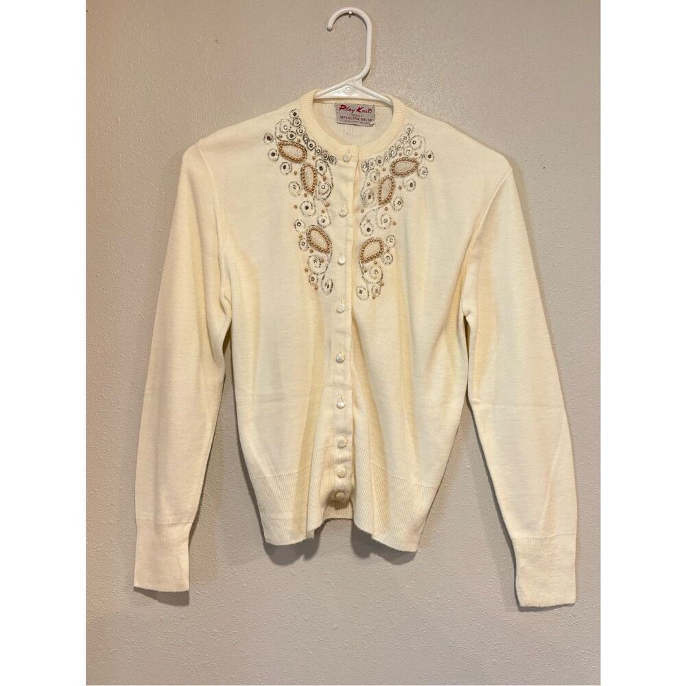 Vintage Play Knit Beaded Pearl Sequin Cardigan Sweater Ivory Glam Retro Size M/L